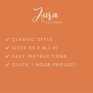 May include: A graphic with the text "Jura Patterns" in a white cursive font. The text "CLASSIC STYLE", "SIZES XS, S, M, L, XL", "EASY INSTRUCTIONS", and "QUICK 1 HOUR PROJECT" are listed below in white text with a checkmark symbol preceding each line.