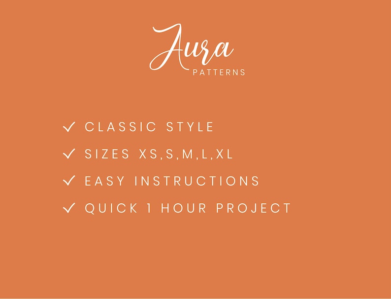 May include: A graphic with the text "Jura Patterns" in a white cursive font. The text "CLASSIC STYLE", "SIZES XS, S, M, L, XL", "EASY INSTRUCTIONS", and "QUICK 1 HOUR PROJECT" are listed below in white text with a checkmark symbol preceding each line.
