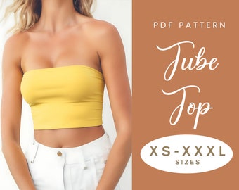 May include: A PDF pattern for a tube top in sizes XS-XXXL. The pattern is for a yellow tube top that is cropped.