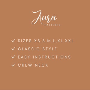 Puede incluir: Un gr&aacute;fico de texto blanco sobre un fondo marr&oacute;n con el texto "Jura Patterns" y una lista de caracter&iacute;sticas: "Tallas XS, S, M, L, XL, XXL", "Estilo cl&aacute;sico", "Instrucciones f&aacute;ciles" y "Cuello redondo".