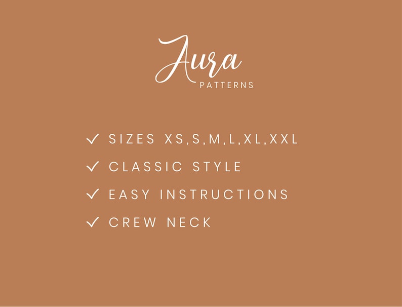 Puede incluir: Un gr&aacute;fico de texto blanco sobre un fondo marr&oacute;n con el texto "Jura Patterns" y una lista de caracter&iacute;sticas: "Tallas XS, S, M, L, XL, XXL", "Estilo cl&aacute;sico", "Instrucciones f&aacute;ciles" y "Cuello redondo".