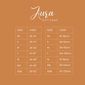 May include: A size chart for clothing with measurements in inches and centimeters. The chart shows the chest measurements for sizes XS, S, M, L, XL, XXL, XXXL, and XXXXL.