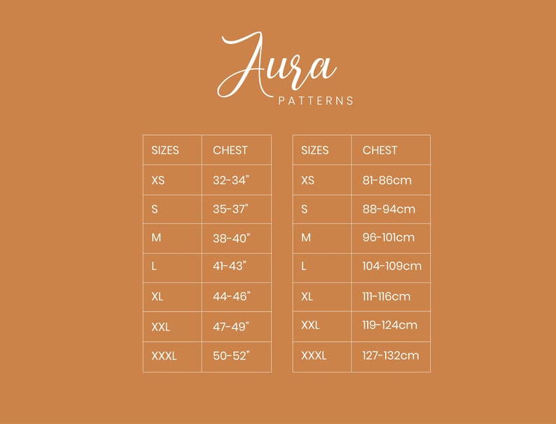May include: A size chart for clothing with measurements in inches and centimeters. The chart shows the chest measurements for sizes XS, S, M, L, XL, XXL, XXXL, and XXXXL.