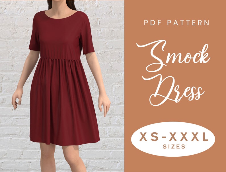 Gathered Smock Dress Sewing Pattern Short Sleeve Blouse XS-XXXL Instant Download Easy Digital PDF image 1