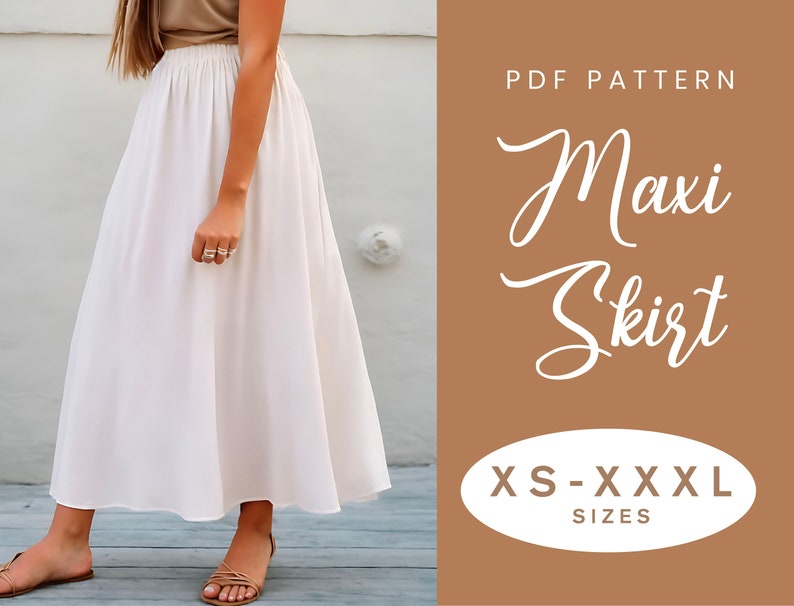 Maxi Skirt Sewing Pattern XS-XXXL Instant Download Easy Digital PDF Women's Long Elastic Waist Skirt image 1