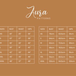 May include: A size chart for clothing with measurements in inches and centimeters. The chart shows bust, waist, and hip measurements for sizes XS to XXXL.