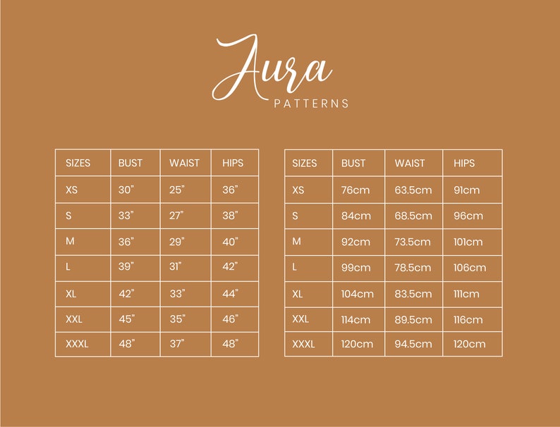 May include: A size chart for clothing with measurements in inches and centimeters. The chart shows bust, waist, and hip measurements for sizes XS to XXXL.