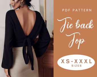 Tie Back Sleeved Top Sewing Pattern | XS-XXXL | Instant Download | Easy Digital PDF | Open back Women Jumper Cosy