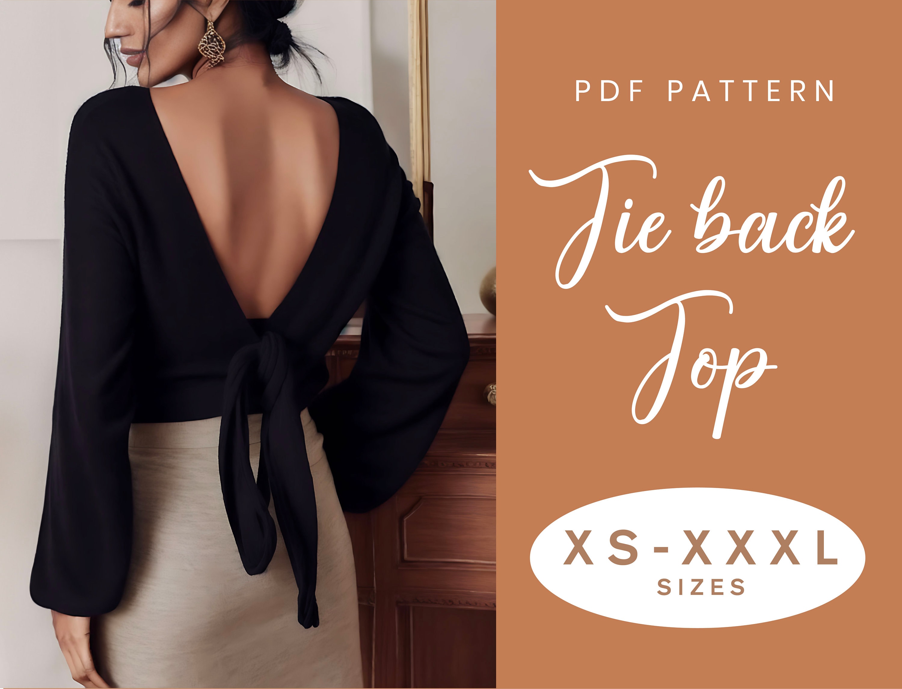 Tie Back Sleeved Top Sewing Pattern | XS-XXXL | Instant Download | Easy Digital PDF | Open back Women Jumper Cosy