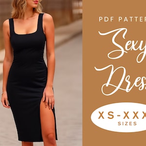 Dress Sewing Pattern | XS-XXXL | Instant Download | Easy Digital PDF | Bodycon Knit Stretch Sexy Summer Leg Slit Dress Strappy