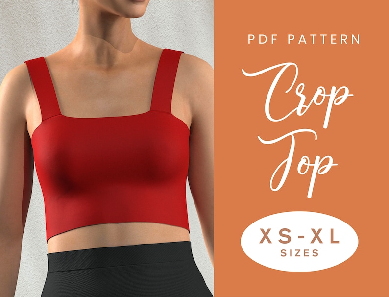 May include: PDF pattern for a red crop top. The pattern includes sizes XS-XL.