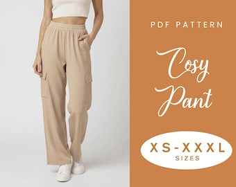 Elastische Hose mit weitem Bein Schnittmuster | XS-XXXL | Sofortdownload | Einfach Digitales PDF | Damen Cargo Hose Lose Leinen Taschen Übergroß