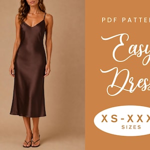 May include: A dark brown midi-length slip dress with thin spaghetti straps and a V-neckline. The text on the right side reads PDF PATTERN Easy Dress and XS-XXXL SIZES in a white oval. The dress has a smooth, satin-like finish and a fluid drape.