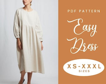 Linen Dress Sewing Pattern | XS-XXXL | Instant Download | Easy PDF | Long Sleeve Gathered Summer Dress | Gathered Skirt Pockets | Sundress