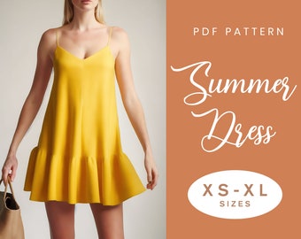 Summer Dress Sewing Pattern | XS-XL | Loose Gathered Ruffle Dress | Easy Digital PDF