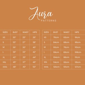 May include: Size chart for clothing with measurements in inches and centimeters. The chart shows sizes XS through XXXL with corresponding bust, waist, and hip measurements.