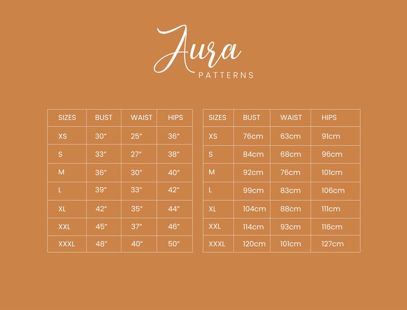 May include: Size chart for clothing with measurements in inches and centimeters. The chart shows sizes XS through XXXL with corresponding bust, waist, and hip measurements.