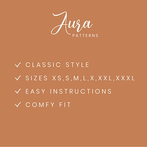 May include: A graphic with the text "Jura Patterns" in a cursive font. The text "Classic Style", "Sizes XS, S, M, L, X, XXL, XXXL", "Easy Instructions", and "Comfy Fit" are listed below the logo with check marks.