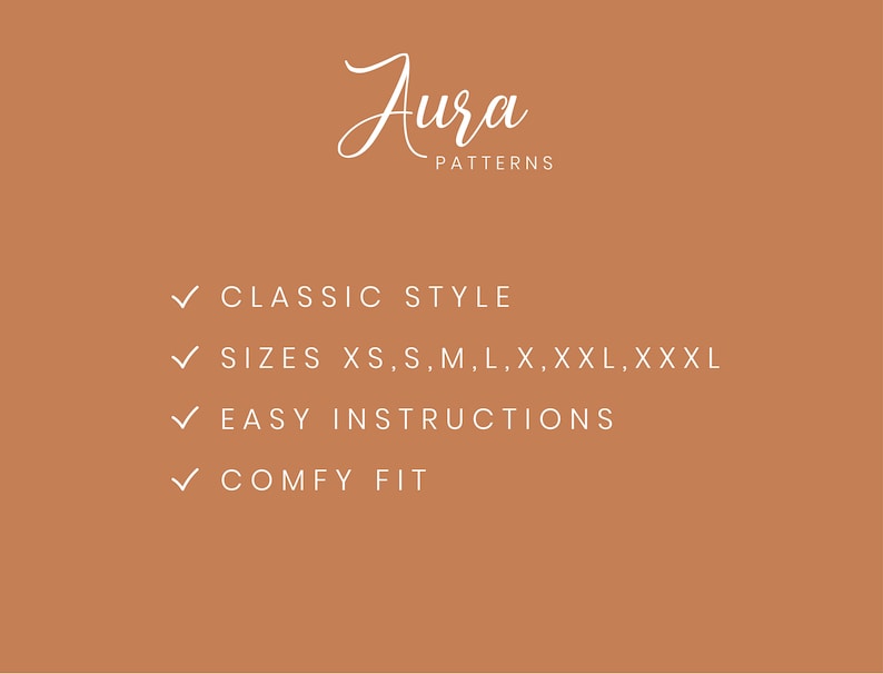 May include: A graphic with the text "Jura Patterns" in a cursive font. The text "Classic Style", "Sizes XS, S, M, L, X, XXL, XXXL", "Easy Instructions", and "Comfy Fit" are listed below the logo with check marks.