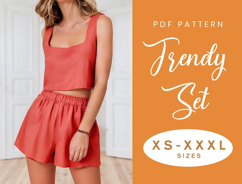 Top Shorts Schnittmuster XS-XXXL Sofort Download Einfaches Digitales PDF Damen Elastische Shorts und Square Neck Crop Top Set Bild 1