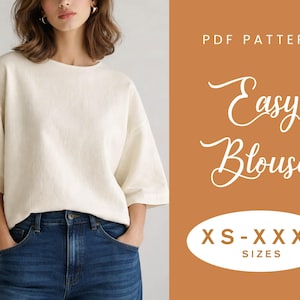 Mönster för linneblus | XS-XXXL | Direkt nedladdning | Enkel PDF | Sommartopp med ärmar | Rund halsringning | Lös topp