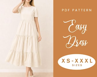 Linen Tiered Dress Sewing Pattern | XS-XXXL | Instant Download | Easy PDF | Short Sleeve Gathered Summer Dress