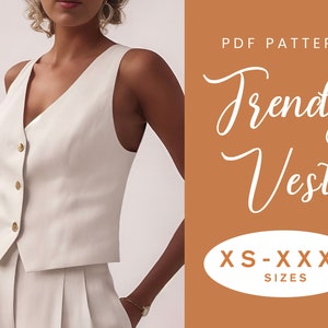 Vest Sewing Pattern | XS-XXXL | Instant Download | Easy Digital PDF | Waistcoat Loose Smart Top Pattern Corset  Button Front Short Cropped