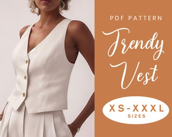 Vest naaipatroon | XS-XXXL | Direct downloaden | Gemakkelijke digitale PDF | Vest Los Smart Top Patroon Korset Knoop Voorzijde Kort Bijgesneden