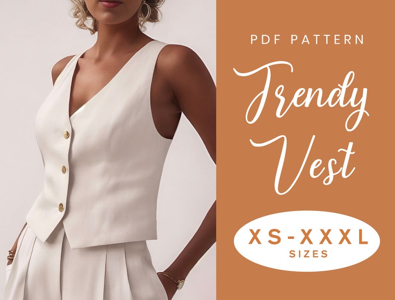 Vest Sewing Pattern XS-XXXL Instant Download Easy Digital PDF Waistcoat Loose Smart Top Pattern Corset Button Front Short Cropped image 1