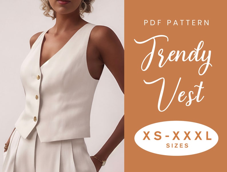 Vest naaipatroon XS-XXXL Direct downloaden Gemakkelijke digitale PDF Vest Los Smart Top Patroon Korset Knoop Voorzijde Kort Bijgesneden afbeelding 1