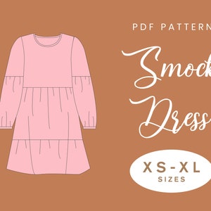 Sleeved Smock Dress Sewing Pattern | Gathered Skirt Ruffle | XS-XL | Instant Download | Easy Digital PDF