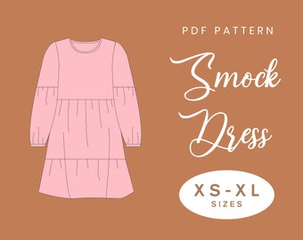 Sleeved Smock Dress Sewing Pattern | Gathered Skirt Ruffle | XS-XL | Instant Download | Easy Digital PDF