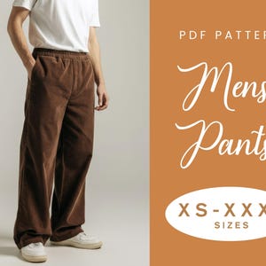 以下が含まれることがあります： 白いTシャツと白いスニーカーを履いた人が、茶色のコーデュロイパンツを着用しています。画像には「PDF Pattern」と「Mens Pants」の文字と、XS-XXXLのサイズが含まれています。