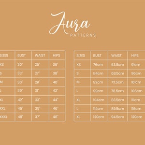 May include: A size chart for clothing with measurements in inches and centimeters. The chart shows bust, waist, and hip measurements for sizes XS, S, M, L, XL, XXL, XXXL, and XXXXL.