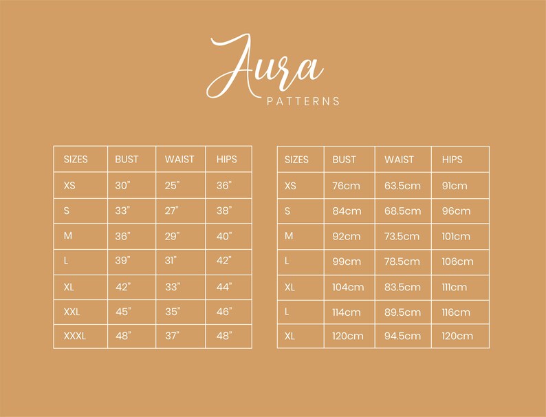 May include: A size chart for clothing with measurements in inches and centimeters. The chart shows bust, waist, and hip measurements for sizes XS, S, M, L, XL, XXL, XXXL, and XXXXL.
