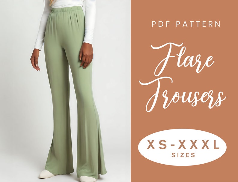 Flare Leg Trouser Sewing Pattern XS-XL Instant Download Easy Digital PDF Split Hem Pants image 1