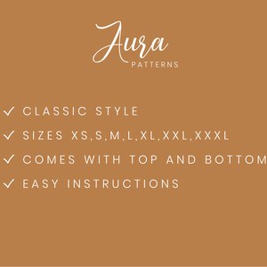 May include: A white checkmark icon followed by the text "CLASSIC STYLE", "SIZES XS,S,M,L,XL,XXL,XXXL", "COMES WITH TOP AND BOTTOMS", and "EASY INSTRUCTIONS". The text is on a brown background.