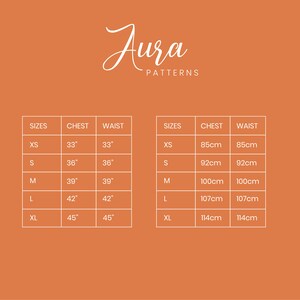 May include: Size chart for clothing with measurements in inches and centimeters. The chart shows sizes XS, S, M, L, and XL with corresponding chest and waist measurements.