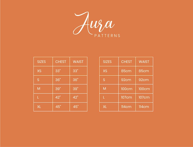 May include: Size chart for clothing with measurements in inches and centimeters. The chart shows sizes XS, S, M, L, and XL with corresponding chest and waist measurements.