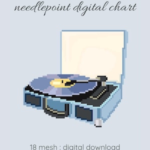 Könnte beinhalten: Digitales Kreuzstichmuster mit einer pixeligen Illustration eines Vintage-Plattenspielers in Blau und Schwarz. Der Text "needlepoint digital chart" und "18 mesh : digital download" sind ebenfalls sichtbar.