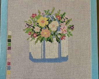 Sac fourre-tout bateau fleuri, broderie au point de croix peinte à la main