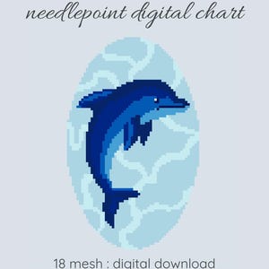 May include: Digital needlepoint chart featuring a pixelated blue dolphin within a light blue oval. The text "needlepoint digital chart" is at the top, and "18 mesh: digital download" is at the bottom.