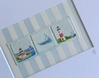 8x10 Original Mini Nantucket Watercolor Paintings, sold with 8x10 Matte Frame - Brant Point Lighthouse (American Flag or Christmas Wreath)