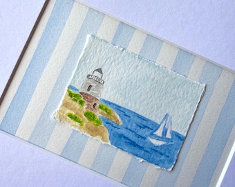 Faro de Castle Hill, acuarela: Newport, Rhode Island, enmarcada, 8x10