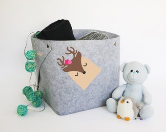Deer Felt Toy Storage, Animals Kids Decor, Felt Bin, Scandinavian Decor