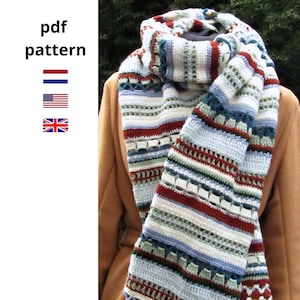 crochet pattern bohemian scarf, Dutch and English UK and US terms, with crochet planner