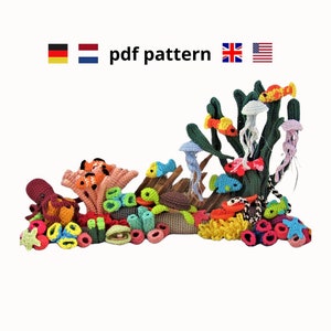 crochet pattern coral reef, aquarium crochet, Dutch and English (english uk and us terms), and German, with crochet planner