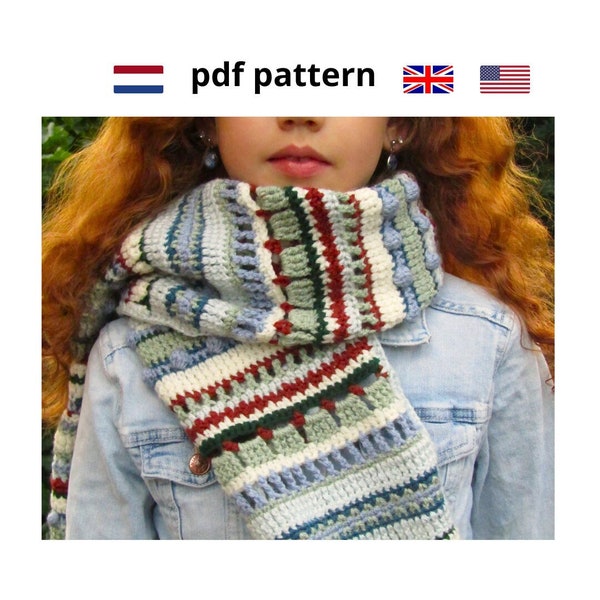 crochet pattern teenage scarf, warm winter scarf pdf pattern, English and Dutch with crochet planner