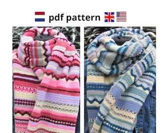 crochet scarf pattern, warm winter scarf pattern, Dutch and English (UK and US terms), with crochet planner
