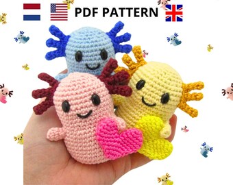 crochet pattern mini squishy axolotl, pattern cuddly axolotl, mini cuddly toy, Dutch and English UK and US terms, PDF pattern and crochet planner